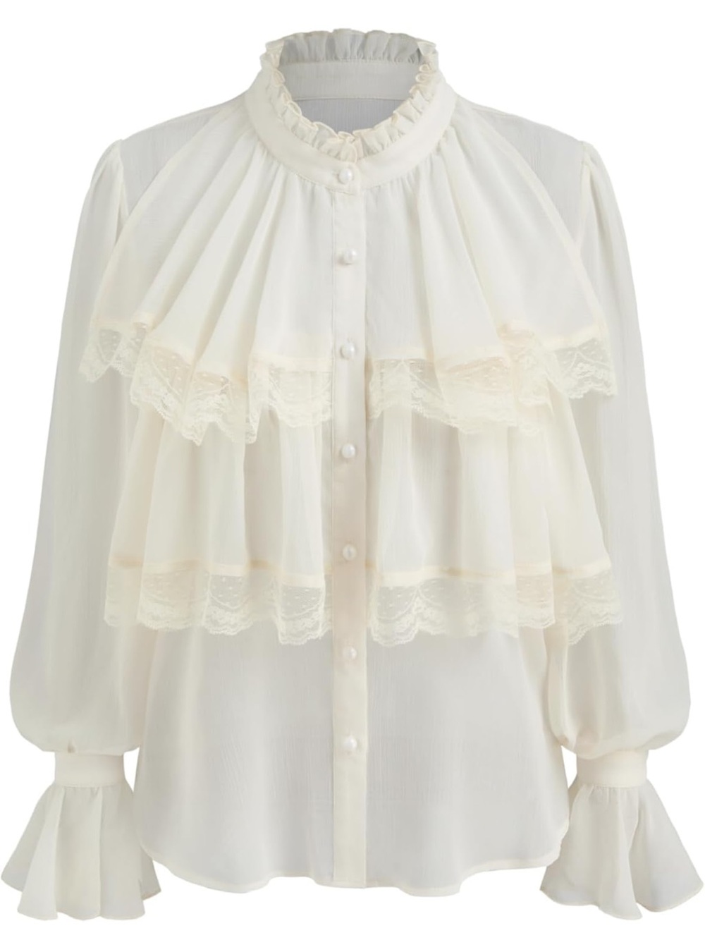 CIDER Ivory Ruffle Lace Faux Pearl Victorian Blouse Long Sleeve